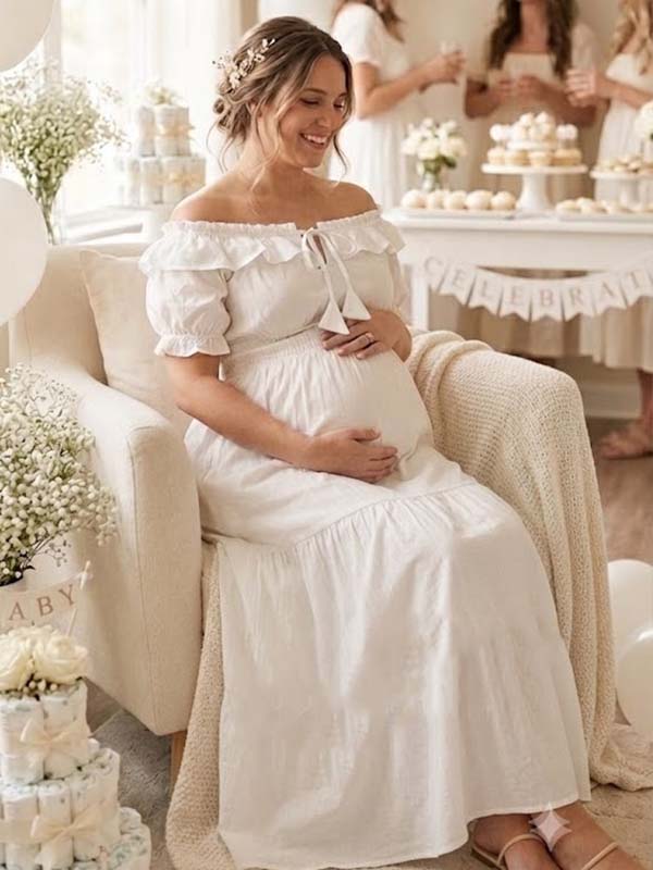 Momyknows White Smocked Ruffle Lace-up Off Shoulder Maternity Baby Shower Maxi Dress