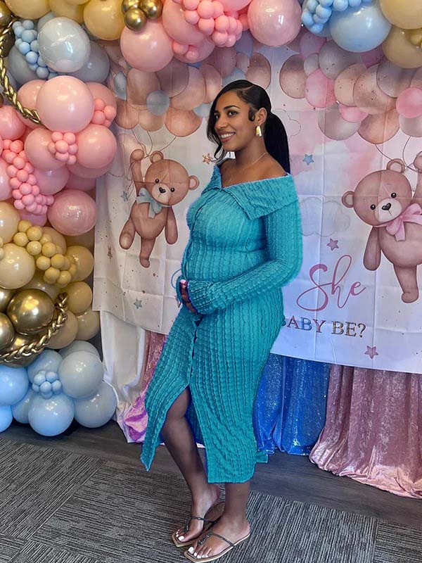 mesh going out dress Momnfancy Off Shoulder Single Breasted Mesh Wavy Ruffle Front Slit Bodycon Elegant Going Out Maternity Baby Shower Maxi Dress Blue / XL