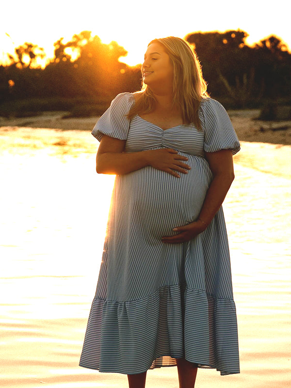 Momyknows Blue Striped V Neck Puff Sleeve Maternity Photoshoot Maxi Dress