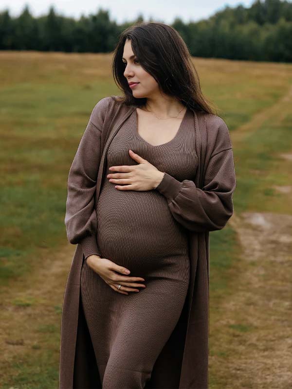 brown sweater dress maternity Momyknows Dark Brown 2 Pieces Knit Baby Shower Maternity Maxi Sweater Dress Dark Brown / L