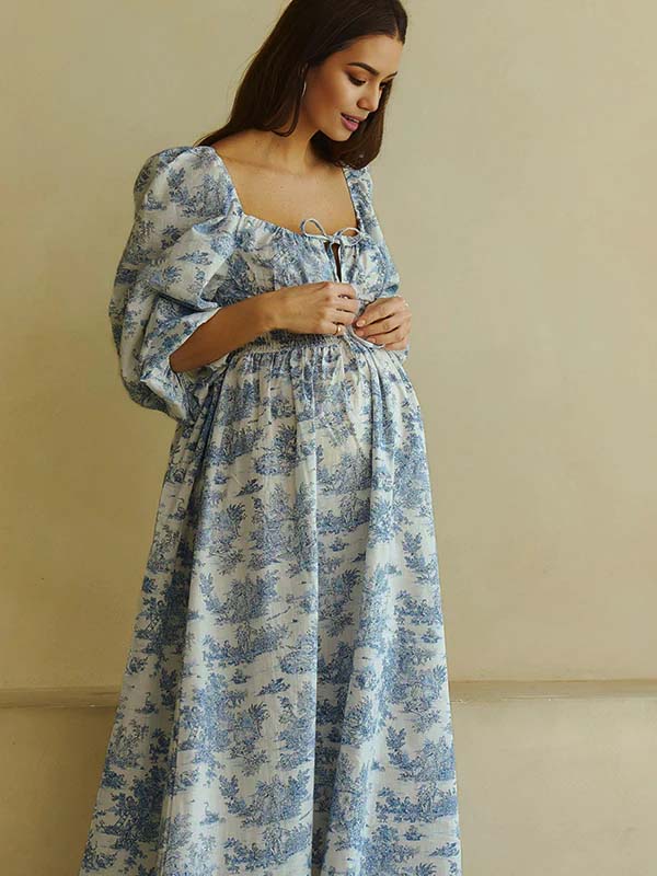 Momyknows Floral Smocked Lace-Up Off Shoulder A-line Maternity Maxi Dress