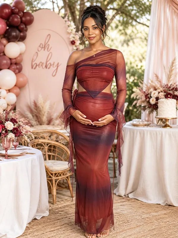 Momyknows Red Open Back Lace-Up Ruched Bodycon Mermaid Maternity Baby Shower Maxi Dress, Red / S