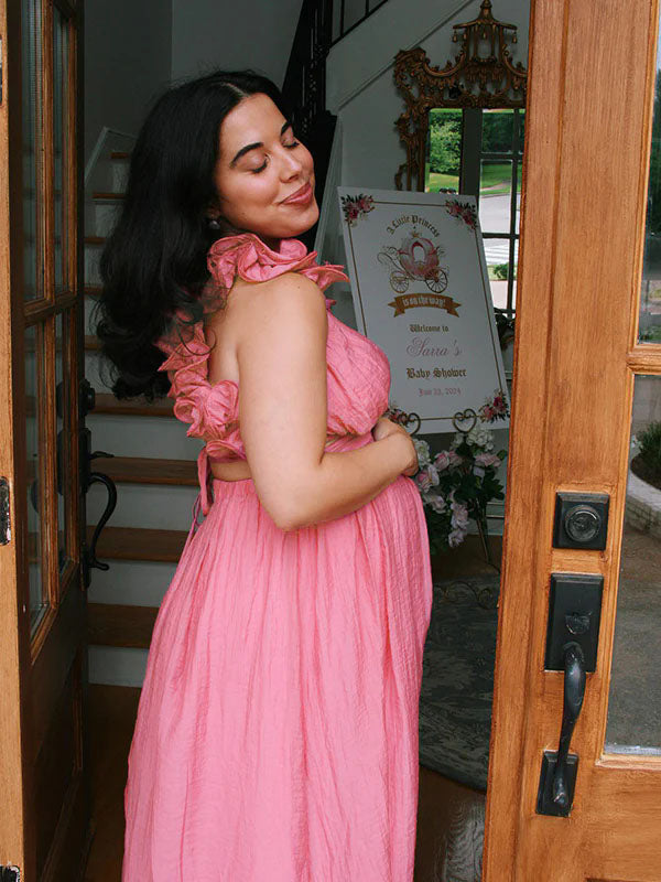 Momyknows Pink Tulle Splicing Ruffle Pleated Tie Back V-Neck High Waist Cocktail Party Gowns Cute Baby Shower Maternity Maxi Dress