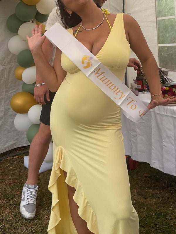 Momyknows Yellow Ruffle Side Slit Flowy V-neck Bodycon Cute Baby Shower Maternity Maxi Dress