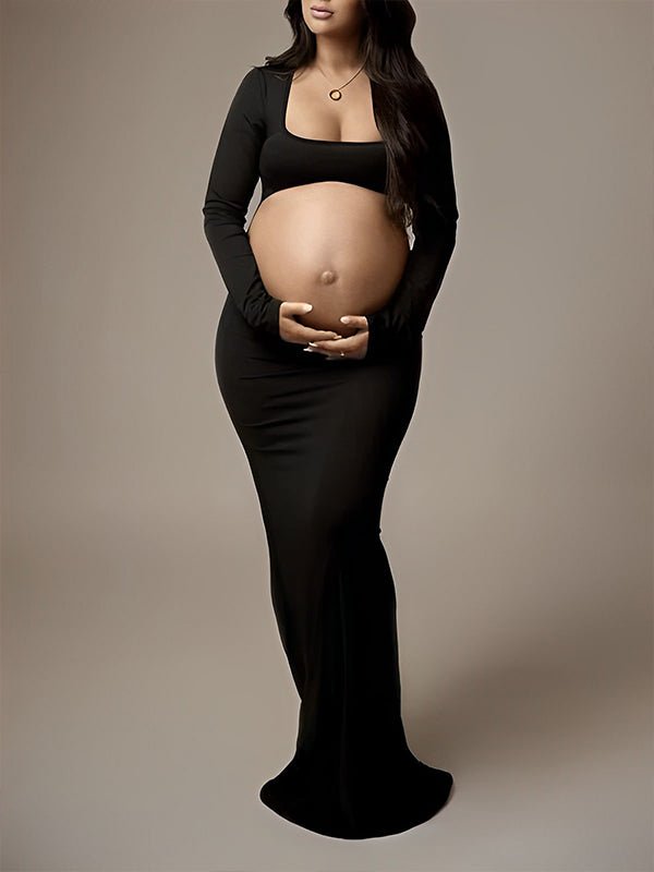 Momyknows Cut Out Bandeau Trumpet Crop Long Sleeve Bodycon Photoshoot Maternity Maxi Dress