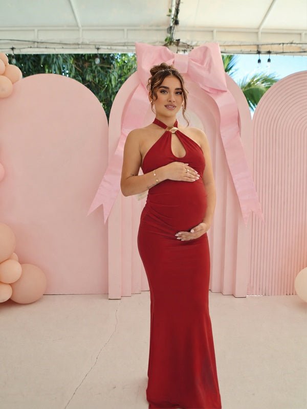 Momyknows Halter Neck Lace Up Backless Maternity Baby Shower Maxi Dress