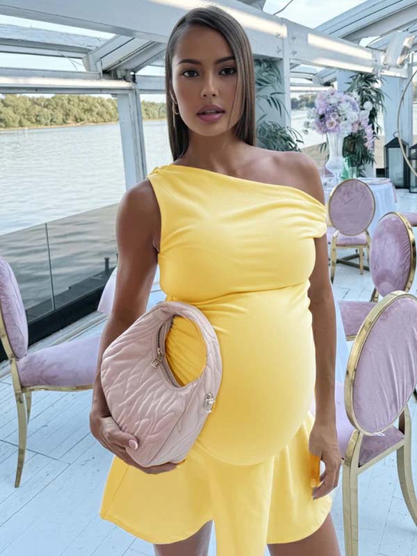 Momyknows Yellow One Shoulder Ruched Ruffle A-line Maternity Mini Dress