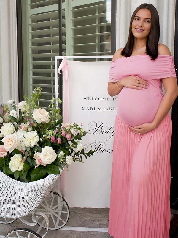 Momyknows Pink Off Shoulder Plated Ruched Big Swing Elegant Maternity Maxi Dress