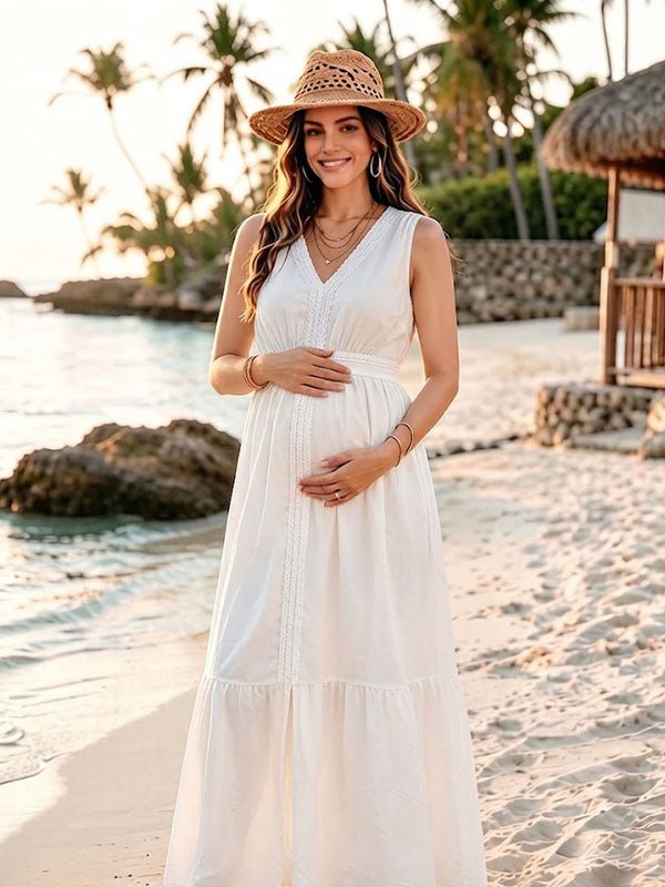 Momyknows Leisure White Flowy Side Slit Bohemian Ruffle Vacation Maternity Maxi Dress, White / XL
