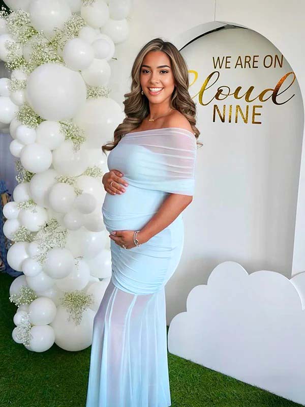 Momyknows Light Blue Mesh Off Shoulder Ruched Mermaid Elegant Maternity Baby Shower Maxi Dress