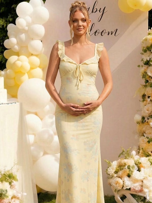 Momyknows Chic Yellow Floral Falbala Bowknot Bodycon Mermaid Baby Shower Maternity Maxi Dress, Yellow / XL