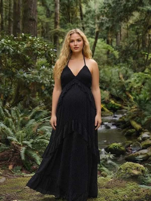 Momyknows Black Spaghetti Strap V-neck Lace-up Backless Ruffle Maternity Photoshoot Maxi Dress, Black / M
