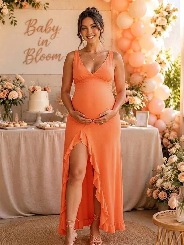 Momyknows Open Back Bodycon High Waist Deep V Side Slit Irregular Maternity Baby Shower Maxi Dress, Orange / S