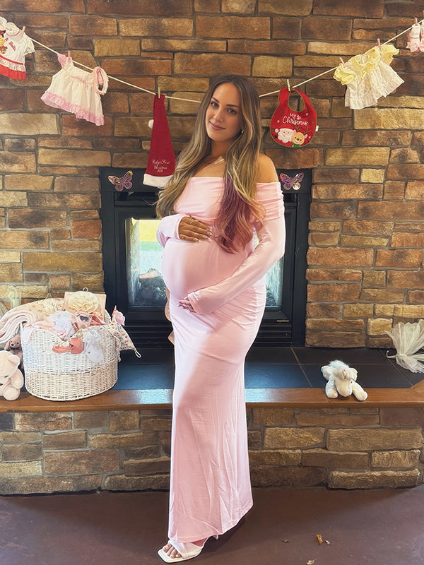 Momyknows Pink Off Shoulder Open Back Maternity Baby Shower Maxi Dress