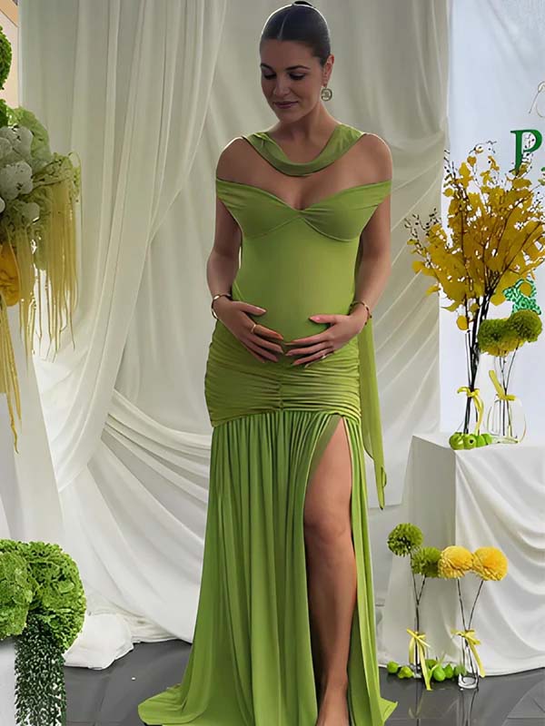 Momyknows Green Off Shoulder Mesh Ruched Side Slit Scarf Backless Maternity Maxi Dress