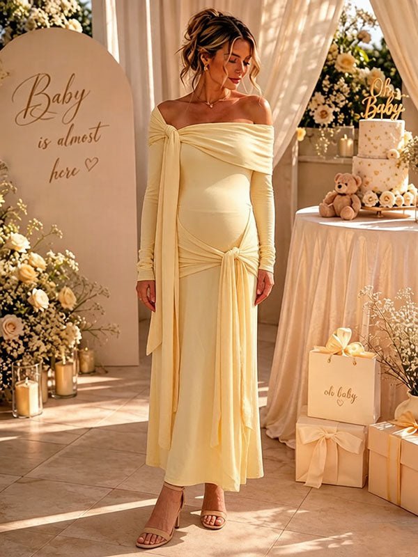 Momyknows Elegant Yellow Off Shoulder Side Draped Lace-Up Ruched Mermaid Maternity Baby Shower Maxi Dress