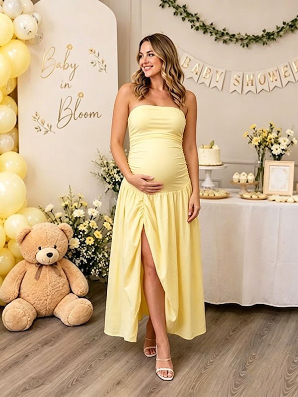 baby shower a-line dress Momyknows Elegant Yellow Bandeau Ruched Side Slit Maternity Maxi Dress, Yellow / M MISSGUIDED Cowl Neck Backless Color:AW972 holiday Style Size:us-16