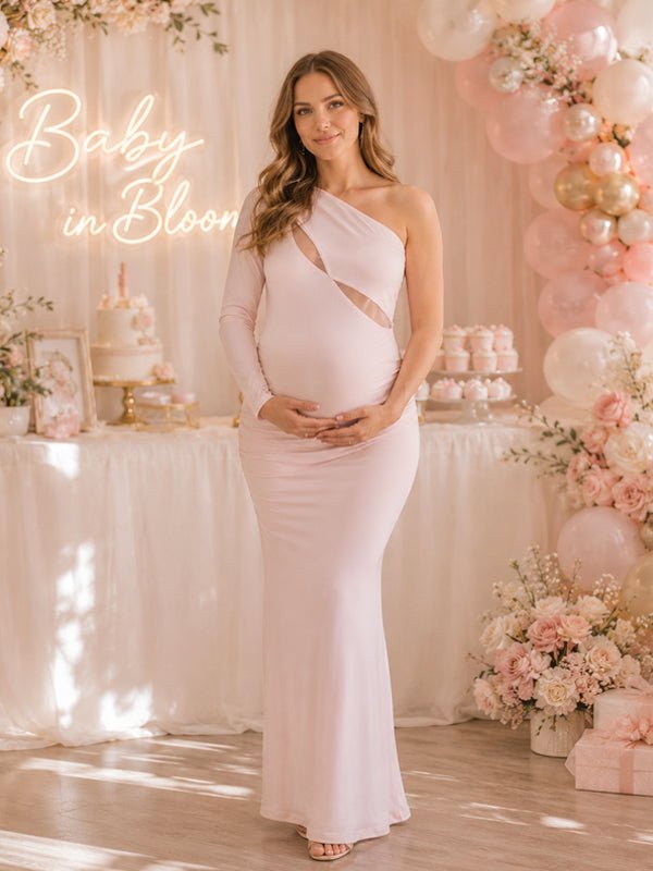 openwork floor length dress Momyknows Pink Oblique Shoulder One-Sleeve Ruched Maternity Baby Shower Maxi Color:FrenchNavy (MidnightBlue) airy feel Second-Hand Odd Muse Yellow Switch_linen