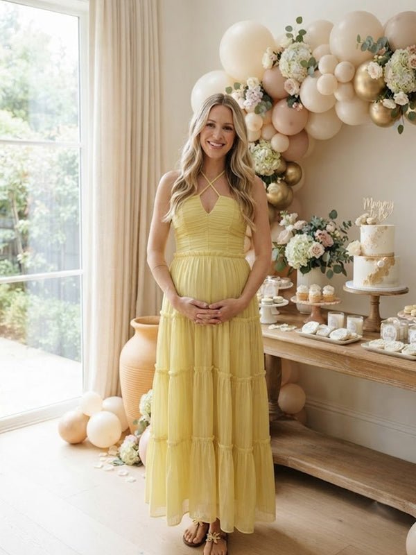 Momyknows Yellow Halter Neck Ruffle Ruched Maternity Baby Shower Maxi Dress