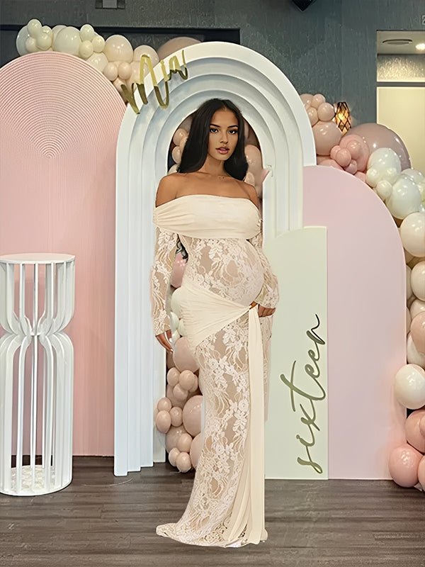 Momyknows Apricot Off Shoulder Lace Spliced Lace Up Maternity Baby Shower Maxi Dress, Apricot / S