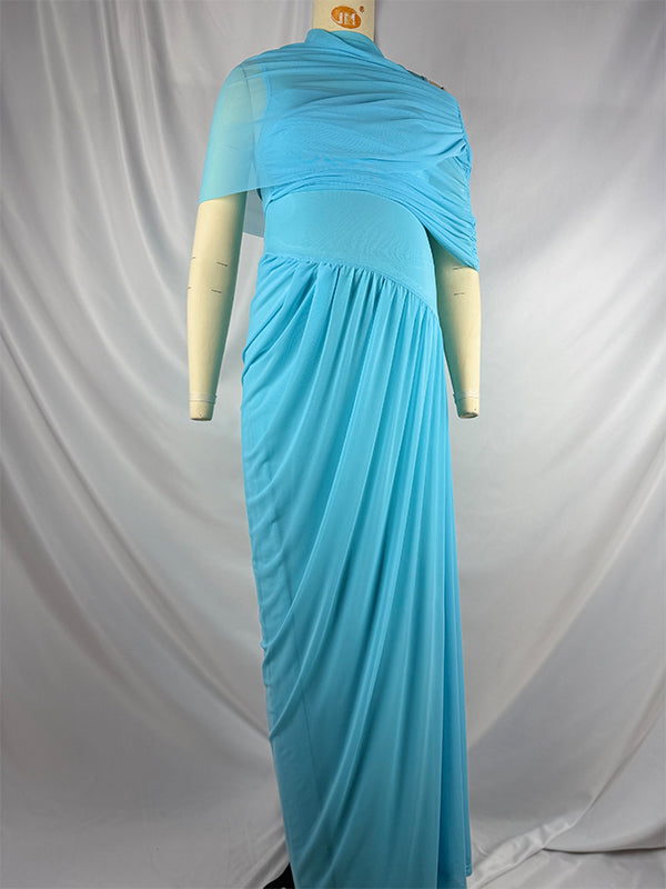 Light Blue Ruched Irregular Neck Baby Shower Maternity Maxi Dress Light Blue / S