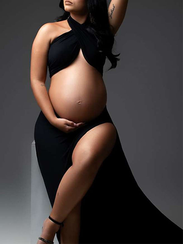 Momyknows Black Cut Out Crop Thigh High Side Slits Ruched Knot Halter Neck Fashion Photoshoot Maternity Maxi Dress