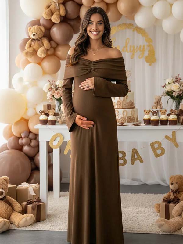Momyknows Brown Off Shoulder Ruched Flare Sleeve Maternity Maxi Dress Brown / L Momyknows Brown Off Shoulder Ruched Flare Sleeve Maternity Maxi Dress Brown / L
