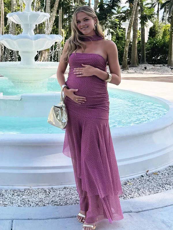 Momyknows Pink Polka Dot Ruched Ruffle Bandeau Scarf Maternity Maxi Dress