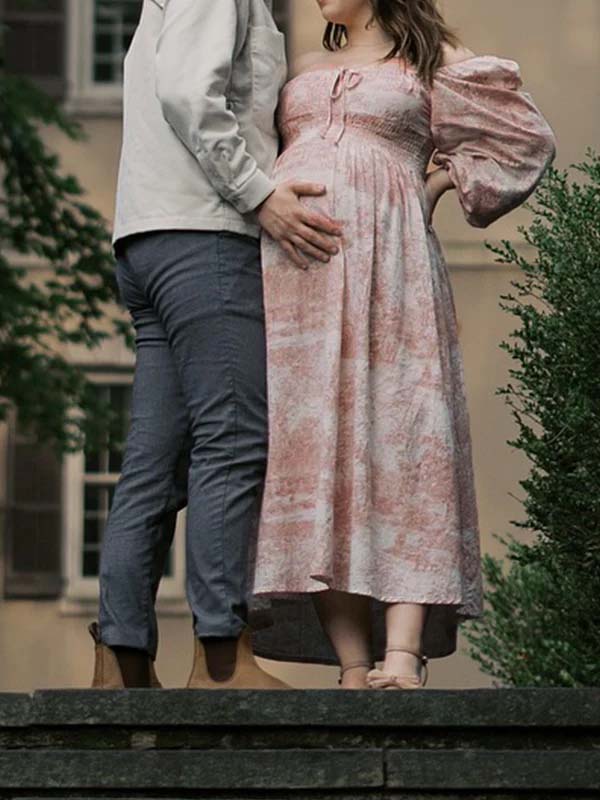 Momyknows Floral Smocked Lace-Up Off Shoulder A-line Maternity Maxi Dress