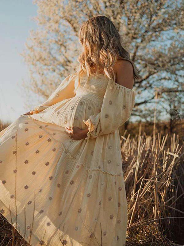 Momyknows Apricot Daisy Off Shoulder Ruffle Hoho Maternity Photoshoot Maxi Dress, Apricot / XL