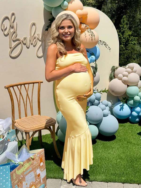 Momyknows Light Yellow Ruffle Bandeau Mermaid Baby Shower Maternity Maxi Dress