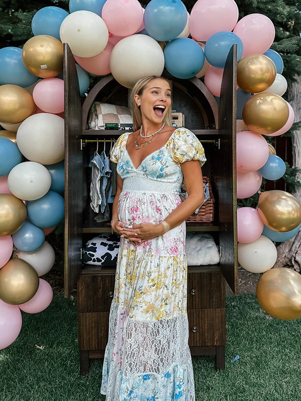Momyknows Stamp Duty Lace Flower Maternity Baby Shower Maxi Dress