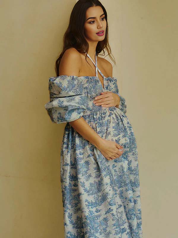 Momyknows Floral Smocked Lace-Up Off Shoulder A-line Maternity Maxi Dress