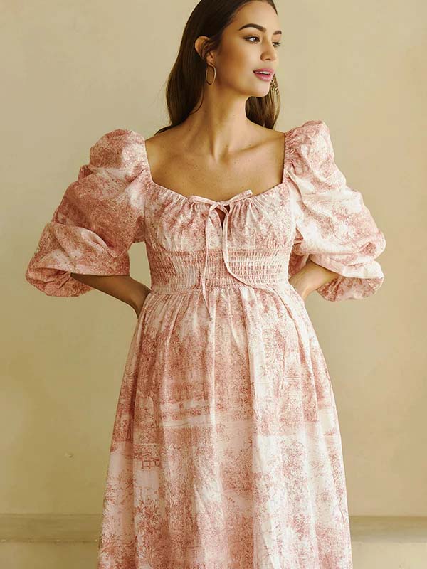 Momyknows Floral Smocked Lace-Up Off Shoulder A-line Maternity Maxi Dress