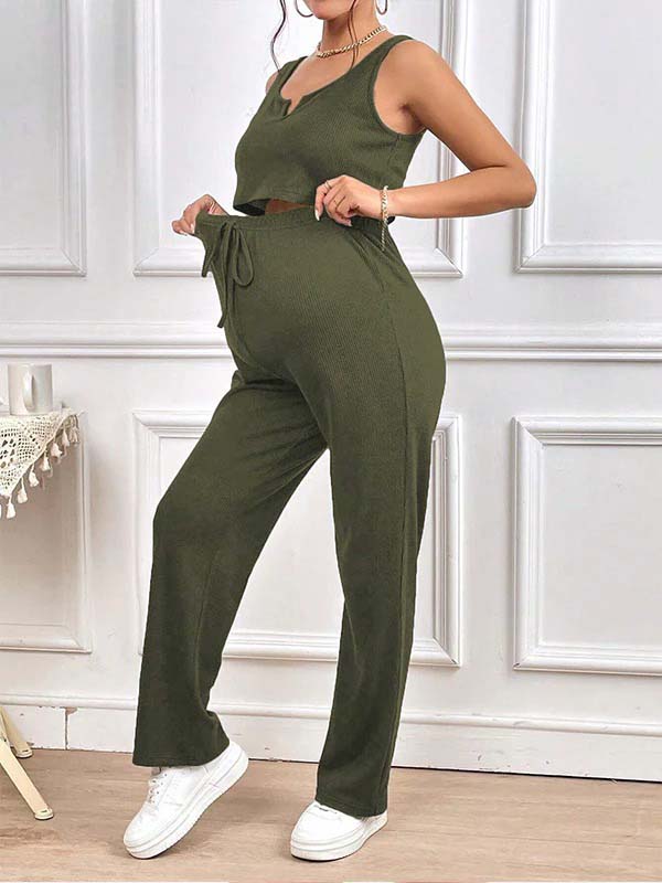 Momyknows Sleeveless Round Neck Green lace-up Maternity Nursing Outfit