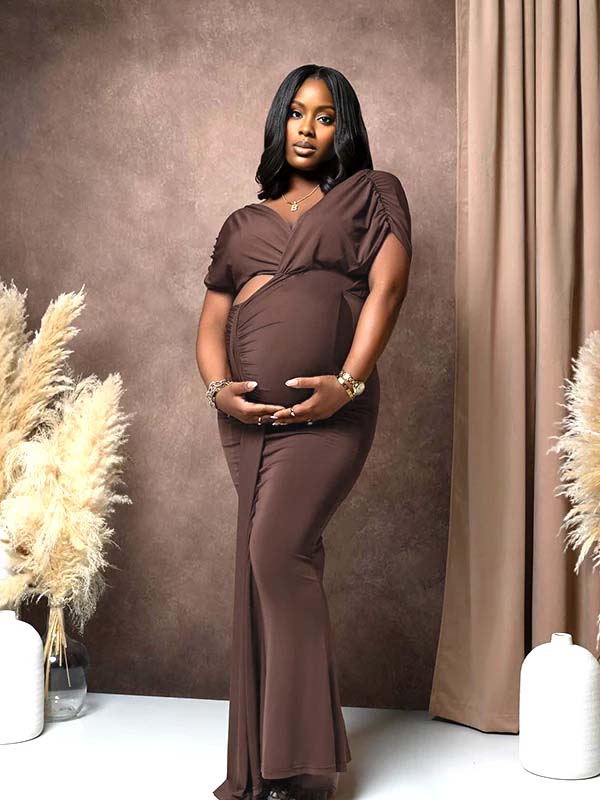 Momyknows Brown Crop Side Slit Ruched Maternity Photoshoot Maxi Dress