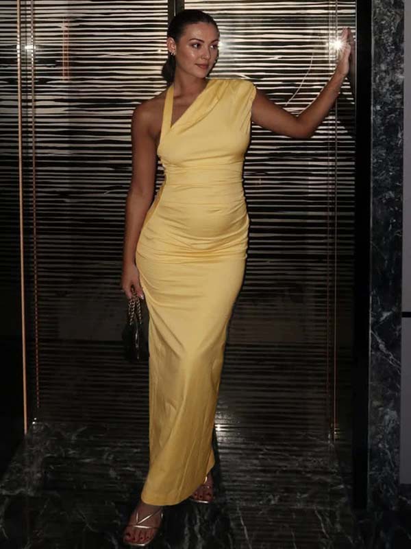Yellow Asymmetric Shoulder Ruched Maternity Baby Shower Maxi Dress