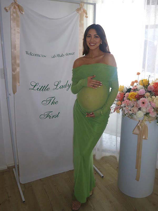 Momyknows Mesh Patchwork Ruched Off Shoulder Cut Out Elegant Cocktail Party Gown Sheer Maternity Photoshoot Baby Shower Maxi Dress