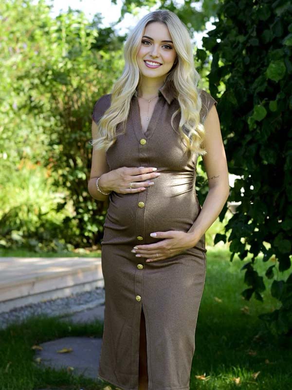 Momyknows Grey Knit Single Breasted Slit Polo Neck Maternity Maxi Shirt Dress