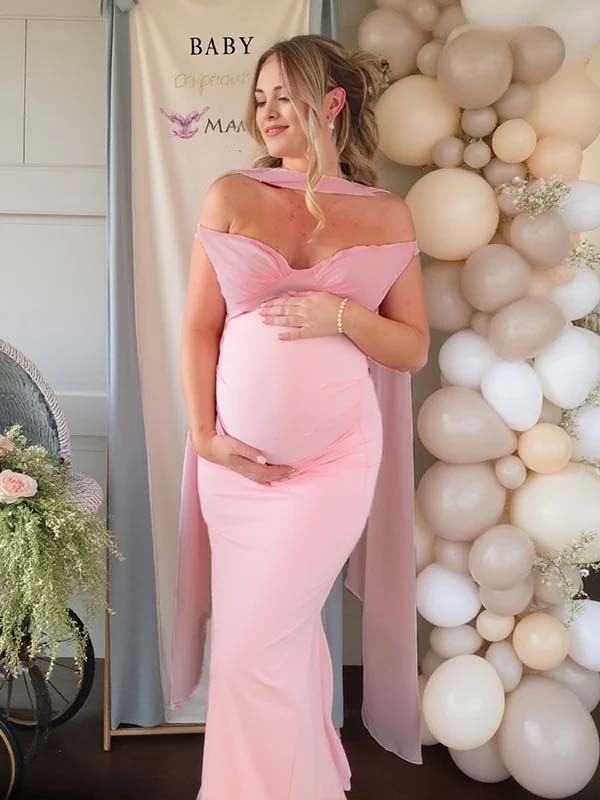 Momyknows Mesh Off Shoulder Ruched Draped Scarf Backless Maternity Maxi Dress