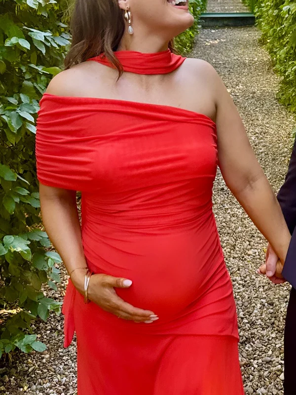 Momyknows Oblique Shoulder Ruched Maternity Photoshoot Maxi Dress