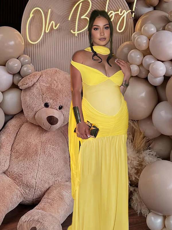 Momyknows Yellow Off Shoulder Mesh Ruched Side Slit Scarf Backless Maternity Maxi Dress