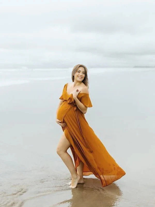 princess polly baby blue dress Momyknows Ginger Yellow Flowy Ruffle Falbala Wrap Side Slit Big Swing  Elegant Baby Moon Beach Vacation Gown Boho Maternity Photoshoot Baby Shower Maxi  Dress