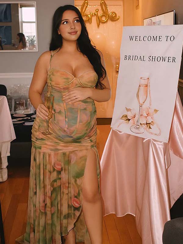 Momyknows Floral Mesh Ruched Ruffle Boned Bodice Side Slit Cami Elegant Maternity Maxi Dress
