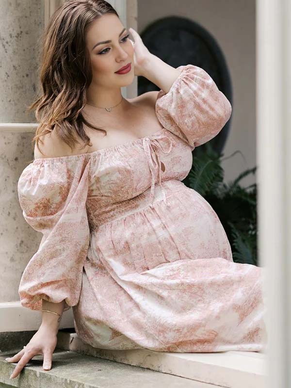 Momyknows Floral Smocked Lace-Up Off Shoulder A-line Maternity Maxi Dress