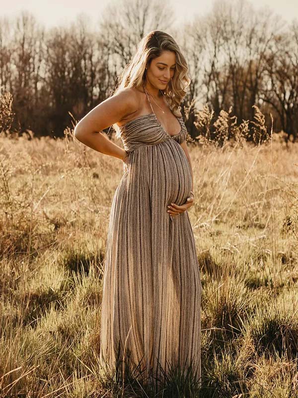 Momyknows Beige Halter Neck Lace-up Backless Maternity Photoshoot Maxi Dress, Beige / S