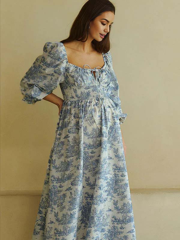 Momyknows Floral Smocked Lace-Up Off Shoulder A-line Maternity Maxi Dress