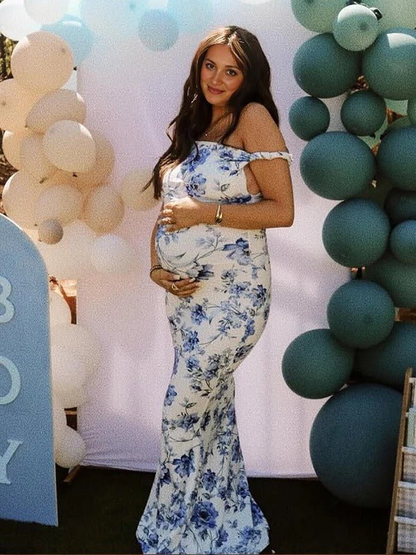 Blue Floral Off Shoulder Mermaid Maternity Baby Shower Maxi Dress, Blue / XL