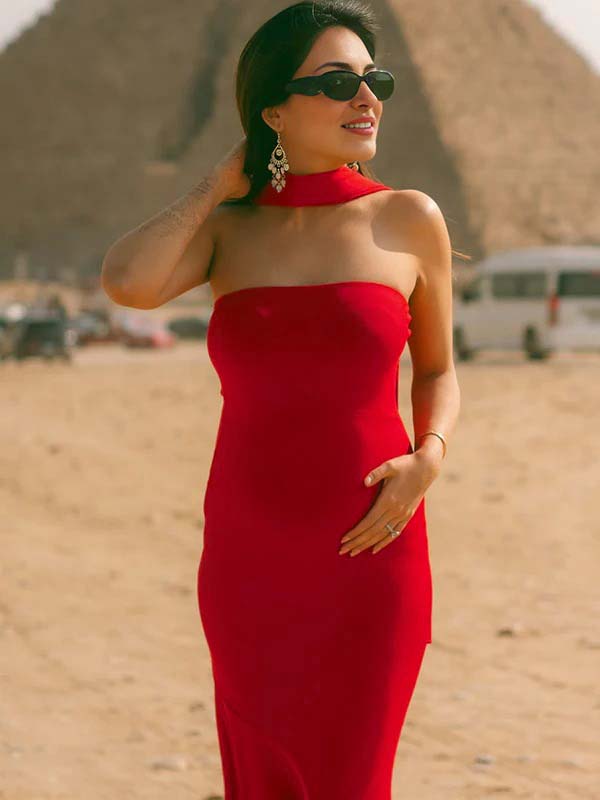Momyknows Red Strapless Scarf Mermaid Elegant Maternity Photoshoot Maxi Dress