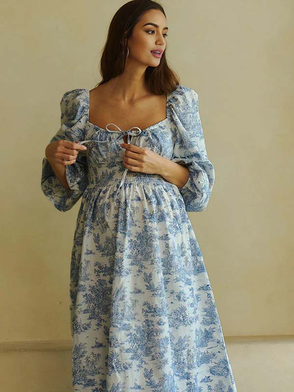 Momyknows Floral Smocked Lace-Up Off Shoulder A-line Maternity Maxi Dress